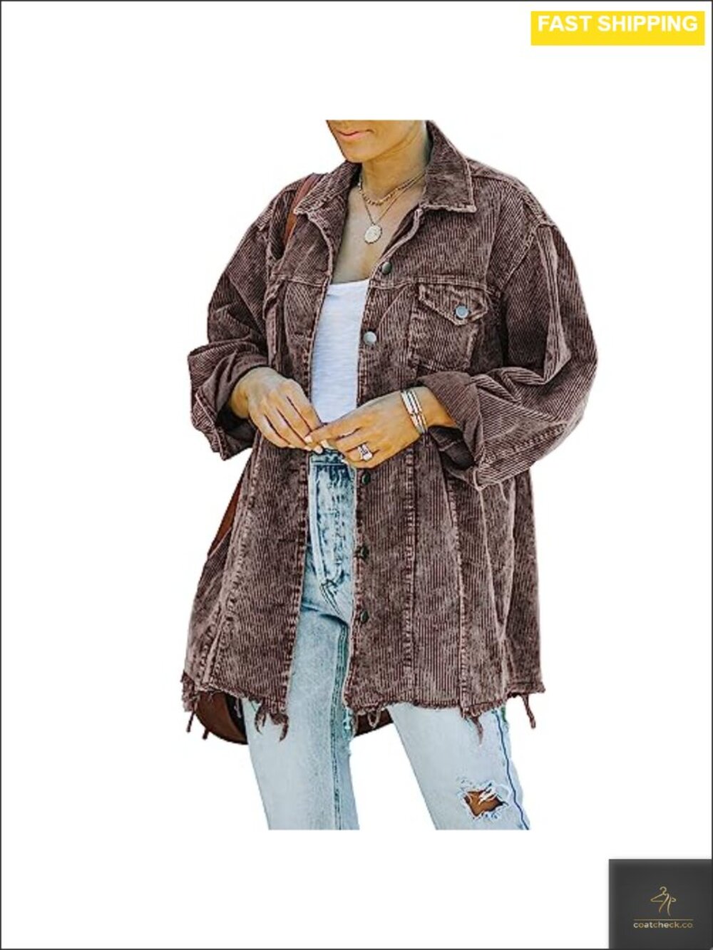Corduroy Jacket Retro Oversized Button Down Coat Frayed Hem Drop Shoulder